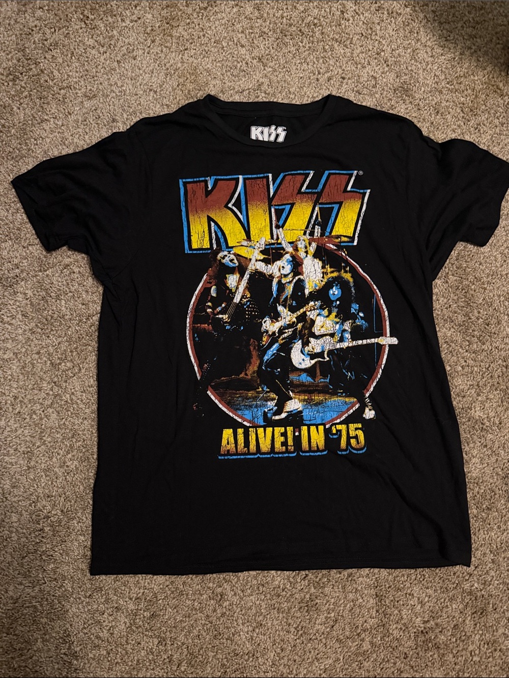 Woman’s Black kiss Graphic Tee with Yellow & Blue Logo